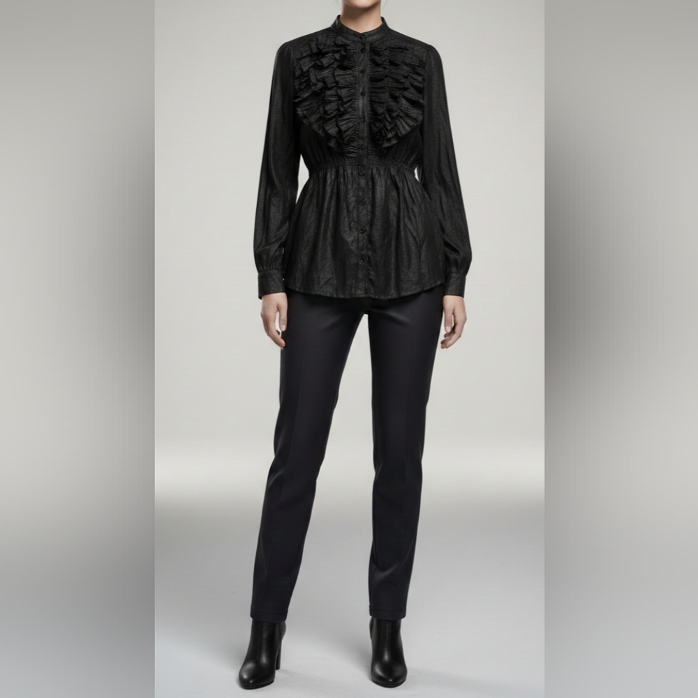 SAN JOY Black Shimmer Ruffle Bib Blouse Victorian Goth Cotton Top - Large